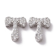 925 Sterling Silver Micro Pave Cubic Zirconia Beads, Real Platinum Plated, Letter T, 9x8x3.5mm, Hole: 2.5x1.5mm(STER-Z005-15P-T)