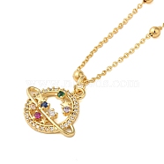 Brass Pave Cubic Zirconia Planet Pendant Necklaces for Women, Real 18K Gold Plated, Colorful, 17.36 inch(441mm)(NJEW-S429-02G-01)