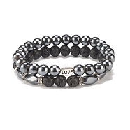 2Pcs 2 Style Natural Lava Rock & Synthetic Hematite Stretch Bracelets Set with Word Love Brass Beads, Essential Oil Gemstone Jewelry for Women, Inner Diameter: 2-1/8 inch(5.5cm), 1Pc/style(BJEW-JB08186)