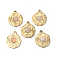 Natural Rose Quartz Pendants, Flat Round Charms, with Vacuum Plating Real 18K Gold Plated 201 Stainless Steel Findings, 20.5x17x4.5mm, Hole: 2mm(STAS-C064-VC903)