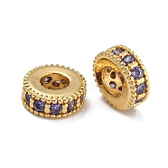 Rack Plating Brass Micro Pave Cubic Zirconia Beads, Lead Free & Cadmium Free, Long-Lasting Plated, Real 18K Gold Plated, Round, Lavender, 6x2.5mm, Hole: 2.5mm(KK-U030-30G-06)