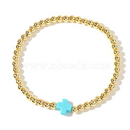 Stainless Steel Bead Stretch Bracelets for Women, with Plastic Cross, Cyan, 6-7/8 inch(17.5cm)(PB2663-6)