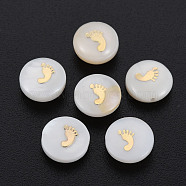 Natural Freshwater Shell Beads, with Golden Plated Brass Metal Embellishments, Flat Round with Foot, Seashell Color, 8x3.5mm, Hole: 0.7mm(SHEL-S278-054)