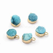Natural Druzy Quartz Charms, with Brass Findings, Flat Round, Golden, Cadet Blue, 10~11x7~8x3~9mm, Hole: 2mm(G-P396-07G-02)