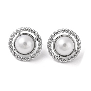 304 Stainless Steel Plastic Bead Stud Earrings, Half Round, Stainless Steel Color, 21.5mm(EJEW-S227-04P)