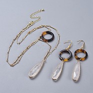 Natural Quartz Crystal Pendants Necklaces and Dangle Earrings Jewelry Sets, with Cellulose Acetate(Resin) Rings, 316 Surgical Stainless Steel and Brass Findings, Real 18K Gold Plated, 14.1 inch(36cm), 1mm, 83mm, Pin: 0.7mm(SJEW-JS01025)