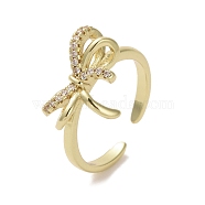 Brass Micro Pave Cubic Zirconia Open Cuff Ring, Bowknot, Real 16K Gold Plated, US Size 7 1/2(17.5mm)(RJEW-K256-58A-G)