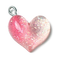 Gradient Color Transparent Resin Pendants, Glitter Heart Charms, with Platinum Plated Iron Loops, Hot Pink, 21x19.5x6mm, Hole: 3x2mm(RESI-A023-01D)