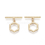 Brass Toggle Clasps, Nickel Free, with Jump Rings, Hexagon, Real 18K Gold Plated, Ring: 16x12x1.5mm, Hole: 1.2mm, Bar: 19.5~21x2x1.5mm, Hole: 1.2mm, Jump Ring: 5x0.8mm.(KK-T050-09G-NF)