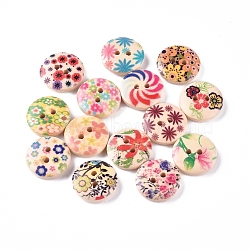 2-Hole Printed Wooden Buttons, for Sewing Crafting, Flat Round with Mixed Flower Pattern, Dyed, Mixed Color, 14.5~15x4mm, Hole: 2mm(WOOD-E011-01)