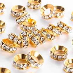 Grade A Brass Rhinestone Beads, Basketball Wives Spacer Beads for Jewelry Making, Rondelle, Golden, Clear, 10x4mm, Hole: 5mm(RB-H062-10)