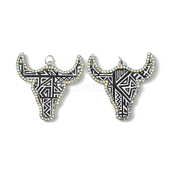 Cattle Head Alloy &  Rhinestone & Imitation Leather Pendants, with Iron Jump Ring, Black, 46.5x46x3mm, Hole: 5mm(FIND-G069-02P-01)