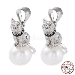 Anti-Tarnish Rhodium Plated 925 Sterling Silver Micro Pave Cubic Zirconia Pendants, with Natural Pearl Beads, Cat Charms, Platinum, 18.5x8x10mm, Hole: 3.2x4.4mm(STER-NH0001-14P)