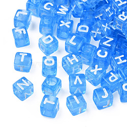 Transparent Acrylic Beads, Cube with White Random Mixed Letters, Deep Sky Blue, 6x6x6mm, Hole: 3.5mm, about 3000pcs/500g(TACR-ywc0001-01F)