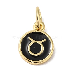 Real 18K Gold Plated Brass Enamel Charms, with Jump Ring, Long-Lasting Plated, Lead Free & Cadmium Free, Flat Round with Taurus Charms, Black, 10x8x1mm, Hole: 4mm(KK-L216-001G-D01)