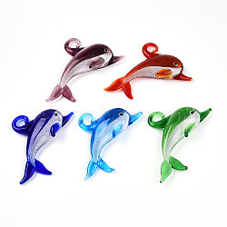 Handmade Lampwork Big Pendants, Dolphin Charms, Mixed Color, 45~47x64~67x9~10mm, Hole: 6~7x5~6mm(LAMP-T023-10)