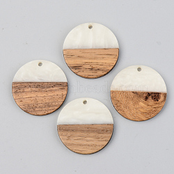 Opaque Resin & Walnut Wood Pendants, Flat Round, Floral White, 28x3mm, Hole: 2mm(RESI-S389-025A-C04)