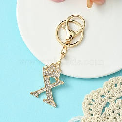 Golden Alloy Rhinestone Keychain, with Alloy Clasp and Iron Rings, Letter X, 10cm, Pendant: 42mm(KEYC-YW00105-24)