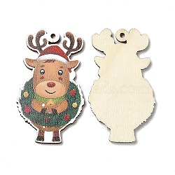 Single Face Christmas Printed Wood Big Pendants, Christmas Elk Charms, Colorful, 55x32x2.5mm, Hole: 2mm(WOOD-D025-34)
