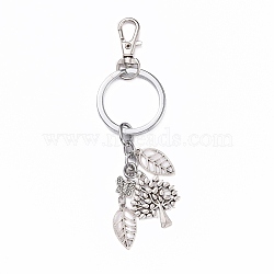 Alloy Keychain Clasp Findings, with Alloy Swivel Lobster Claw Clasps and Split Key Rings, with Tree & Leaf & Butterfly Pendants, Antique Silver & Platinum, 11.9cm(KEYC-JKC00277)
