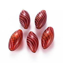 Transparent Handmade Blown Glass Globe Beads, Stripe Pattern, Rice, FireBrick, 24.5~25.5x11.5~12.5mm, Hole: 1~2mm(X-GLAA-T012-12)