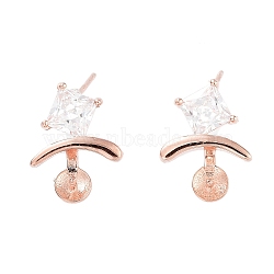 925 Sterling Silver with Cubic Zirconia Stud Earring Findings, with S925 Stamp, for Half Drilled Beads, Rose Gold, 15x11mm, Pin: 11x0.6mm(EJEW-B038-19RG)