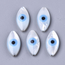 Natural White Shell Mother of Pearl Shell Beads, with Synthetic Turquoise, Horse Evil Eye with Evil Eye, Deep Sky Blue, 14x7x3mm, Hole: 0.5mm(SSHEL-N034-56C-01)
