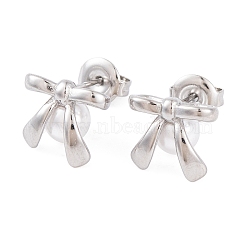 304 Stainless Steel Stud Earrings for Women, Bowknot with ABS Imitation Pearl, Platinum, 10x11.5mm(EJEW-A049-19P)