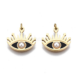 316 Surgical Stainless Steel Enamel Charms, with Jump Rings and ABS Plastic Imitation Pearl Bead, Real 14K Gold Plated, Eye, Black, 11x12x1mm, Jump Ring: 2.7x0.4m, 1.9mm inner diameter(STAS-S116-382A-G)