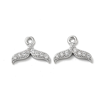 Brass Micro Pave Clear Cubic Zirconia Charms, Fishtail Shape, Real Platinum Plated, 9x12.5x2mm, Hole: 1.4mm
