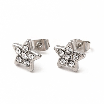 Crystal Rhinestone Star Stud Earrings, 316 Stainless Steel Jewelry for Women, Stainless Steel Color, 9x9mm, Pin: 0.7mm