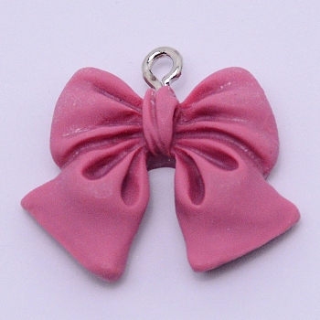 Resin Pendants, with Platinum Plated Iron Screw Eye Pin Peg Bails, Bowknot, Flamingo, 19x22x5mm, Hole: 1.8mm