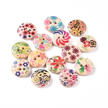 2-Hole Printed Wooden Buttons, for Sewing Crafting, Flat Round with Mixed Flower Pattern, Dyed, Mixed Color, 14.5~15x4mm, Hole: 2mm