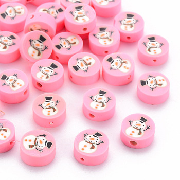 Handmade Polymer Clay Beads, Flat Round with Christmas Snowman, Pearl Pink, 10x4mm, Hole: 1.6mm