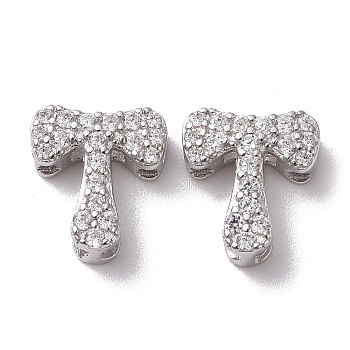 925 Sterling Silver Micro Pave Cubic Zirconia Beads, Real Platinum Plated, Letter T, 9x8x3.5mm, Hole: 2.5x1.5mm