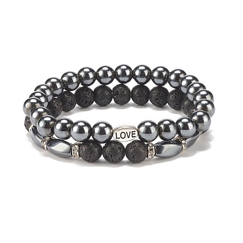 2Pcs 2 Style Natural Lava Rock & Synthetic Hematite Stretch Bracelets Set with Word Love Brass Beads, Essential Oil Gemstone Jewelry for Women, Inner Diameter: 2-1/8 inch(5.5cm), 1Pc/style