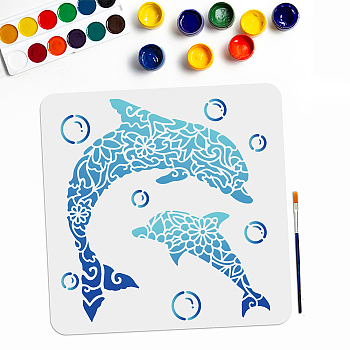 US 1Pc PET Hollow Out Drawing Painting Stencils, with 1Pc Art Paint Brushes, Dolphin, Stencils: 300x300mm, Brushes: 16.9x0.5cm