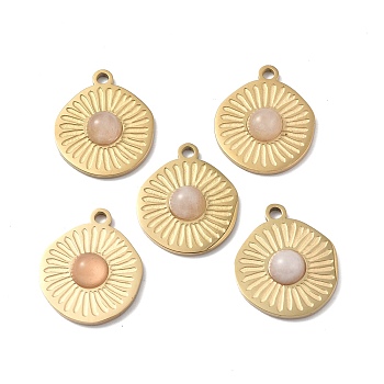 Natural Rose Quartz Pendants, Flat Round Charms, with Vacuum Plating Real 18K Gold Plated 201 Stainless Steel Findings, 20.5x17x4.5mm, Hole: 2mm