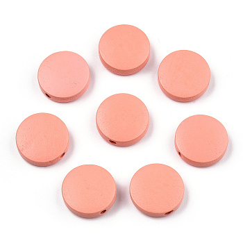 Painted Natural Wood Beads, Flat Round, Light Salmon, 15~15.5x4mm, Hole: 1.8mm
