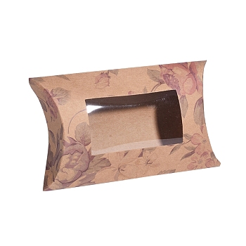 Paper Pillow Boxes, Gift Candy Packing Box, with Clear Window, Flower Pattern, BurlyWood, 17.5x10.05x3.85cm