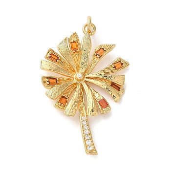 Rack Plating Brass Micro Pave Cubic Zirconia Pendants, with Jump Ring, Long-Lasting Plated, Lead Free & Cadmium Free, Leaf, Golden, Orange, 35x23x4mm, Hole: 3mm