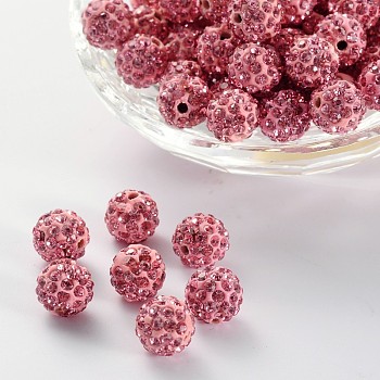 Pave Disco Ball Beads, Polymer Clay Rhinestone Beads, Round, Light Rose, PP13(1.9~2mm), 6 Rows Rhinestone, 10mm, Hole: 2mm