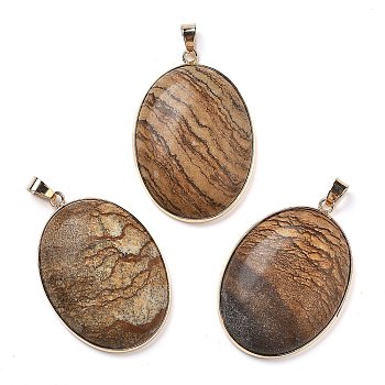 Electroplate Natural Picture Jasper Pendants, Brass Oval Charms with Iron Snap on Bails, 45x31~32x9mm, Hole: 6x5mm