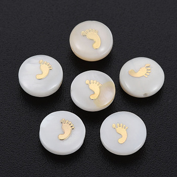 Natural Freshwater Shell Beads, with Golden Plated Brass Metal Embellishments, Flat Round with Foot, Seashell Color, 8x3.5mm, Hole: 0.7mm