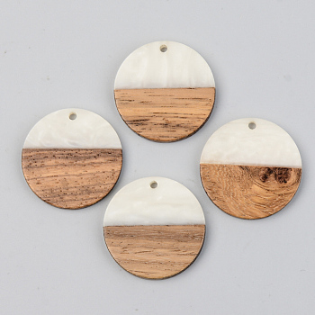 Opaque Resin & Walnut Wood Pendants, Flat Round, Floral White, 28x3mm, Hole: 2mm