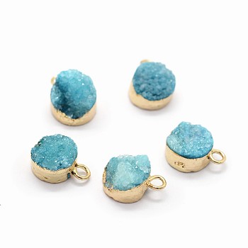 Natural Druzy Quartz Charms, with Brass Findings, Flat Round, Golden, Cadet Blue, 10~11x7~8x3~9mm, Hole: 2mm