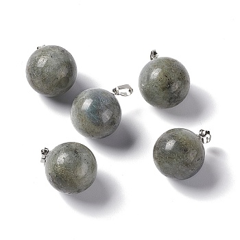 Natural Labradorite Pendants, with Platinum Tone Brass Findings, Round Charm, 22x18mm, Hole: 3x6mm