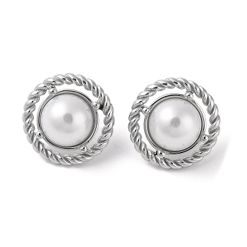 304 Stainless Steel Plastic Bead Stud Earrings, Half Round, Stainless Steel Color, 21.5mm