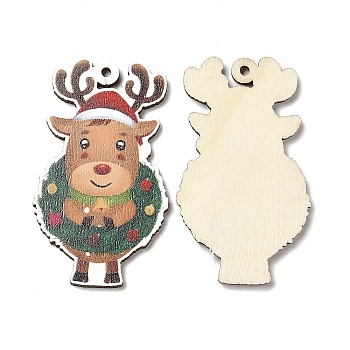 Single Face Christmas Printed Wood Big Pendants, Christmas Elk Charms, Colorful, 55x32x2.5mm, Hole: 2mm