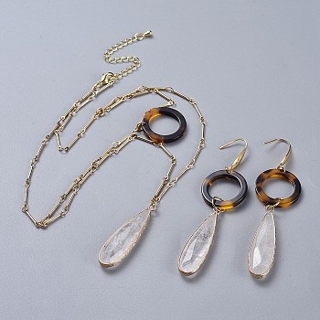 Natural Quartz Crystal Pendants Necklaces and Dangle Earrings Jewelry Sets, with Cellulose Acetate(Resin) Rings, 316 Surgical Stainless Steel and Brass Findings, Real 18K Gold Plated, 14.1 inch(36cm), 1mm, 83mm, Pin: 0.7mm
